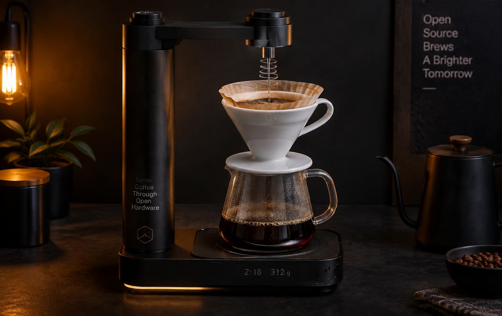 Concept render of a finished OpenPour machine pouring into a V60 dripper.